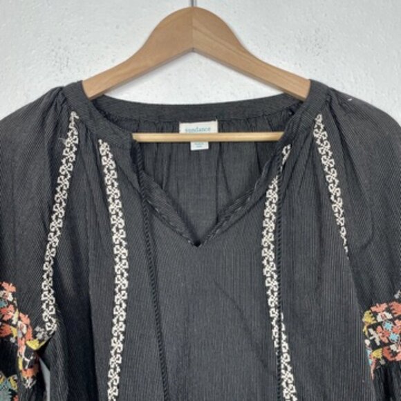 Sundance Petite Medium Black Bubble Sleeve Boho Embroidered Blouse - Picture 2 of 7